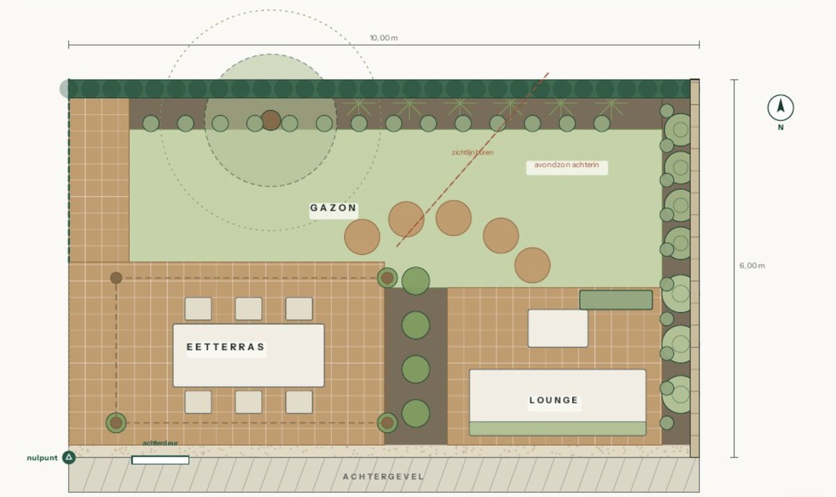 Pagina uit het conceptboek: plattegrond op schaal van concept 1 De Groene Eetkamer, met eetterras, lounge, gazon, borders en plantposities
