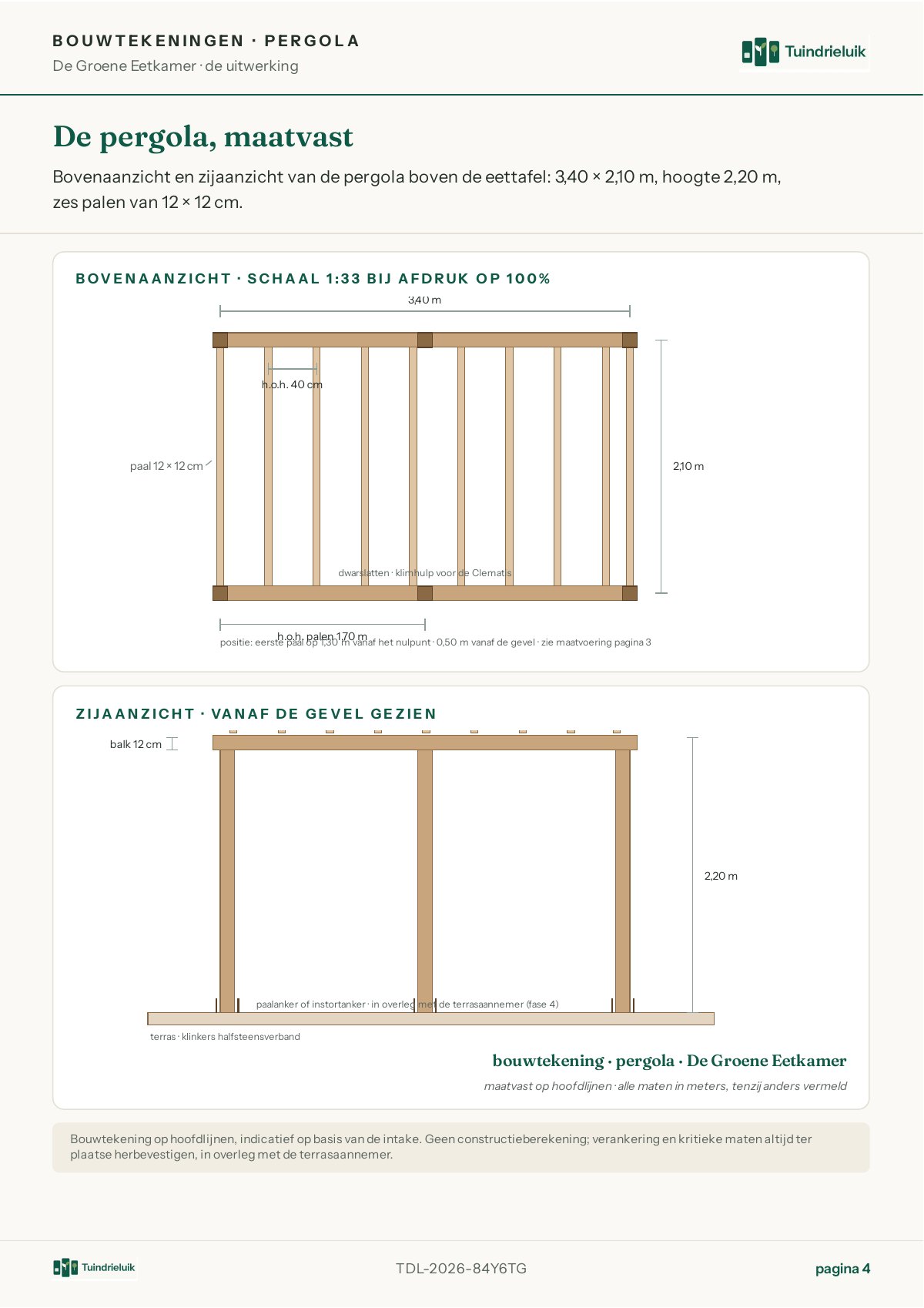 Bouwtekening pergola: boven- en zijaanzicht, maatvast